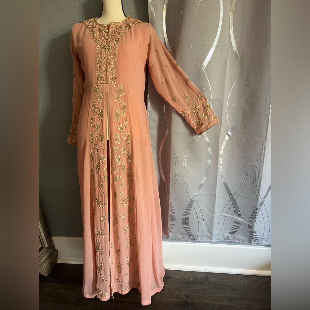 Orange Maxi Gown with Bishop Sleeves and Collar